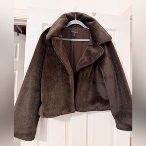 House of Harlow 1960 Faux Fur Cropped Coat - Chocolate Brown - Size L